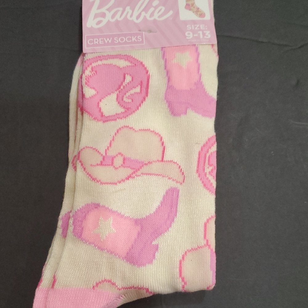 Barbie Cowboy hat cowboy boots cream printed crew socks fits‎ size 9-13 new